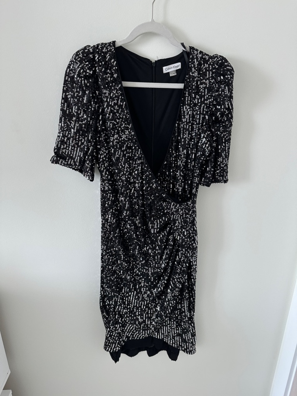 Calvin Klein Black and Silver Sequin Deep V Mini Dress